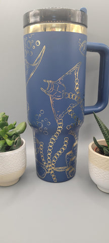 Stingray, under the see, ocean theme, blue and gold 40oz Double Wall Insulated Tumbler with Handles Gift for mom, sister