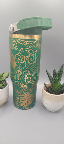 Chameleon green and gold Engraved 30oz Double Wall Insulated Tumbler Custom Seamless Tumbler