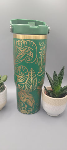 Chameleon green and gold Engraved 30oz Double Wall Insulated Tumbler Custom Seamless Tumbler