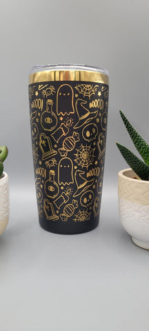 Halloween, ghost black and gold Laser Engraved 20oz Double Wall Insulated Tumbler Travel mug,Tumbler