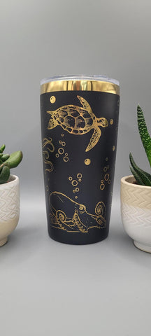 Octopus and sea turtles, under the ocea, sea  black and gold Laser Engraved 20oz Double Wall Insulated Tumbler Travel mug,Tumbler