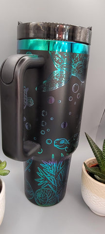 Turtles, under the sea black and green blue 40oz Double Wall Insulated Tumbler with Handles Gift for mom, sister