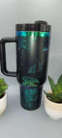 Turtles, under the sea black and green blue 40oz Double Wall Insulated Tumbler with Handles Gift for mom, sister