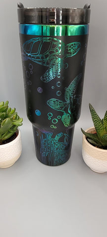 Turtles, under the sea black and green blue 40oz Double Wall Insulated Tumbler with Handles Gift for mom, sister