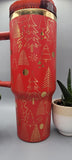 Christmas Trees, Xmas, happy holidays, red with gold 40oz Double Wall Insulated Tumbler with Handles Gift for mom, sister