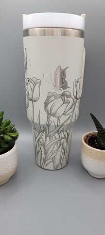 Tulip, Butterflies, Butterfly, Garden flowers 40oz Double Wall Insulated Tumbler with Handles Gift for mom, Granny, sister, Niece