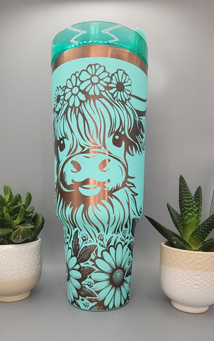 Cute Highland Cow ,Cow gift, Floral gift 40oz Double Wall Insulated Tumbler with Handles Gift for mom, Granny, sister