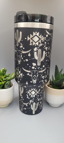 Cow, country and western, cactus 40oz Double Wall Insulated Tumbler with Handles Gift for mom, Granny, sister, Niece