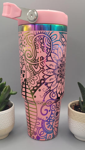 Henna, Paisley,  Boho pink and rainbow Laser Engraved 30oz Double Wall Insulated Tumbler Custom Seamless Tumbler