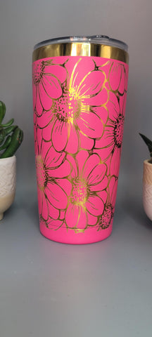 Daisy, sunflower flowers pink and gold  Laser Engraved 20oz Double Wall Insulated Tumbler Travel mug,Seamless Tumbler ,Gift