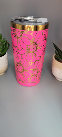 Daisy, sunflower flowers pink and gold  Laser Engraved 20oz Double Wall Insulated Tumbler Travel mug,Seamless Tumbler ,Gift