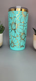 Daisy, sunflower flowers teal and gold  Laser Engraved 20oz Double Wall Insulated Tumbler Travel mug,Seamless Tumbler ,Gift