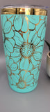 Daisy, sunflower flowers teal and gold  Laser Engraved 20oz Double Wall Insulated Tumbler Travel mug,Seamless Tumbler ,Gift