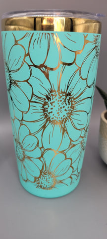 Daisy, sunflower flowers teal and gold  Laser Engraved 20oz Double Wall Insulated Tumbler Travel mug,Seamless Tumbler ,Gift