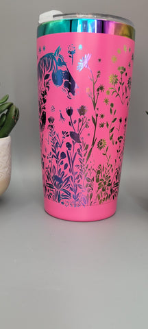 Horse and flowers pink and rainbow  Laser Engraved 20oz Double Wall Insulated Tumbler Travel mug,Seamless Tumbler ,Gift