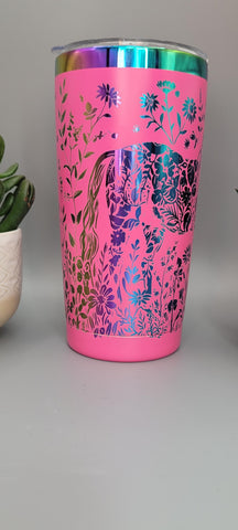 Horse and flowers pink and rainbow  Laser Engraved 20oz Double Wall Insulated Tumbler Travel mug,Seamless Tumbler ,Gift