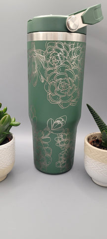 Succulents,  cactus, flowers, floral tumbler, Laser Engraved 30oz Double Wall Insulated Tumbler