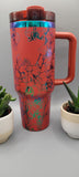 Orchids, flowers red and green blue 40oz Double Wall Insulated Tumbler with Handles Gift for mom, sister