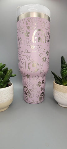 Ladybugs, rainbows, Daisys and stars 40oz Double Wall Insulated Tumbler with Handles Gift for mom, Granny, sister, Niece