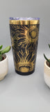 Sunflower, flowers, black and gold Laser Engraved 20oz Double Wall Insulated Tumbler Travel mug,Seamless Tumbler ,Gift for daughter, niece