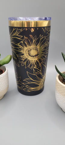 Sunflower, flowers, black and gold Laser Engraved 20oz Double Wall Insulated Tumbler Travel mug,Seamless Tumbler ,Gift for daughter, niece