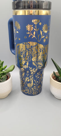 Horse and flowers, Horse Lover, Horseriding  Blue and gold 40oz Double Wall Insulated Tumbler with Handles Gift for mom, sister