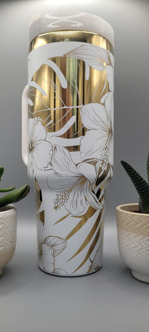 Hibiscus flowers white with gold 40oz Double Wall Insulated Tumbler with Handles Gift for mom, sister