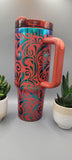 Red Mystic  Paisley, Tooled Leather gift 40oz Double Wall Insulated Tumbler with Handles Gift for mom, Granny, sister, Niece