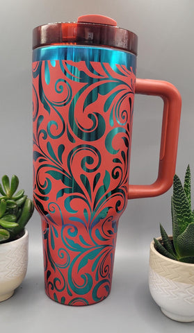 Red Mystic  Paisley, Tooled Leather gift 40oz Double Wall Insulated Tumbler with Handles Gift for mom, Granny, sister, Niece