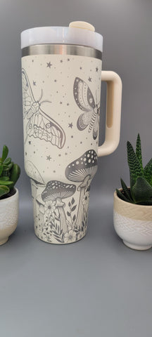 Moths, Moonlight, Mushrooms, Boho groovy 40oz Double Wall Insulated Tumbler with Handles Gift for mom, Granny, sister, Niece