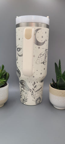 Moths, Moonlight, Mushrooms, Boho groovy 40oz Double Wall Insulated Tumbler with Handles Gift for mom, Granny, sister, Niece