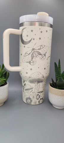 Moths, Moonlight, Mushrooms, Boho groovy 40oz Double Wall Insulated Tumbler with Handles Gift for mom, Granny, sister, Niece