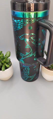 Sharks, hammerhead, great white, under the sea black and green blue 40oz Double Wall Insulated Tumbler with Handles Gift for mom, sister