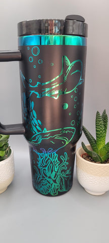 Sharks, hammerhead, great white, under the sea black and green blue 40oz Double Wall Insulated Tumbler with Handles Gift for mom, sister