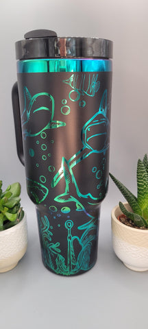 Sharks, hammerhead, great white, under the sea black and green blue 40oz Double Wall Insulated Tumbler with Handles Gift for mom, sister