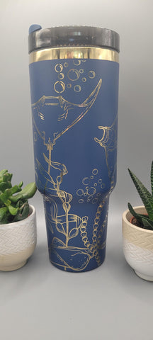 Stingray, under the see, ocean theme, blue and gold 40oz Double Wall Insulated Tumbler with Handles Gift for mom, sister