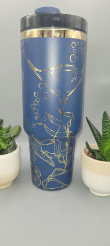 Stingray, under the see, ocean theme, blue and gold 40oz Double Wall Insulated Tumbler with Handles Gift for mom, sister