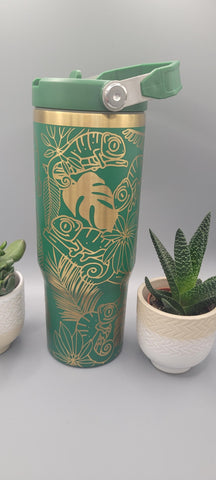 Chameleon green and gold Engraved 30oz Double Wall Insulated Tumbler Custom Seamless Tumbler