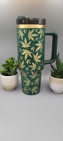 Weed, cannabis Green and Gold  40oz Double Wall Insulated Tumbler with Handles Gift for mom, sister