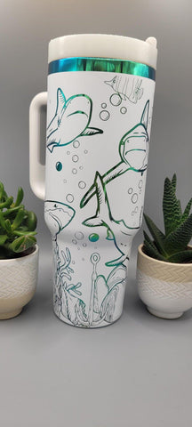 Sharks, hammerhead, great white, under the sea White and green blue 40oz Double Wall Insulated Tumbler with Handles Gift for mom, sister