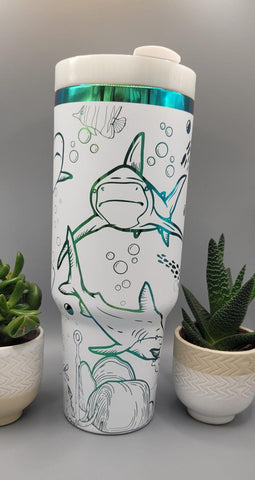 Sharks, hammerhead, great white, under the sea White and green blue 40oz Double Wall Insulated Tumbler with Handles Gift for mom, sister