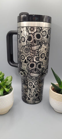 Sugar skills, Halloween, skulls, tattoo 40oz Double Wall Insulated Tumbler with Handles Gift for mom, Granny, sister, Niece