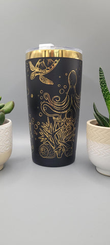 Octopus and sea turtles, under the ocea, sea  black and gold Laser Engraved 20oz Double Wall Insulated Tumbler Travel mug,Tumbler