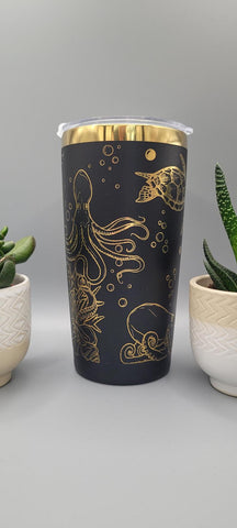 Octopus and sea turtles, under the ocea, sea  black and gold Laser Engraved 20oz Double Wall Insulated Tumbler Travel mug,Tumbler