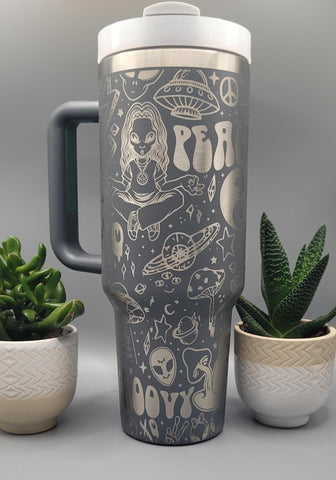 Peace, Hippy, good vibes, Love, Aliens 40oz Double Wall Insulated Tumbler with Handles Gift for mom, Granny, sister, Niece