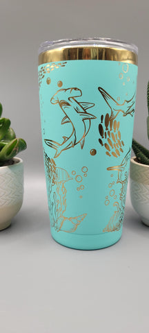 Sharks teal and gold Travel mug, Laser Engraved 20oz Double Wall Insulated Tumbler Travel mug, Seamless Tumbler