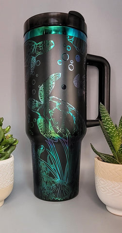 Turtles, under the sea black and green blue 40oz Double Wall Insulated Tumbler with Handles Gift for mom, sister