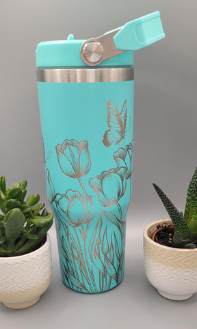 Tulips and butterflies,  butterfly garden Laser Engraved 30oz Double Wall Insulated Tumbler