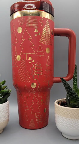 Christmas Trees, Xmas, happy holidays, red with gold 40oz Double Wall Insulated Tumbler with Handles Gift for mom, sister