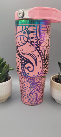 Henna, Paisley,  Boho pink and rainbow Laser Engraved 30oz Double Wall Insulated Tumbler Custom Seamless Tumbler